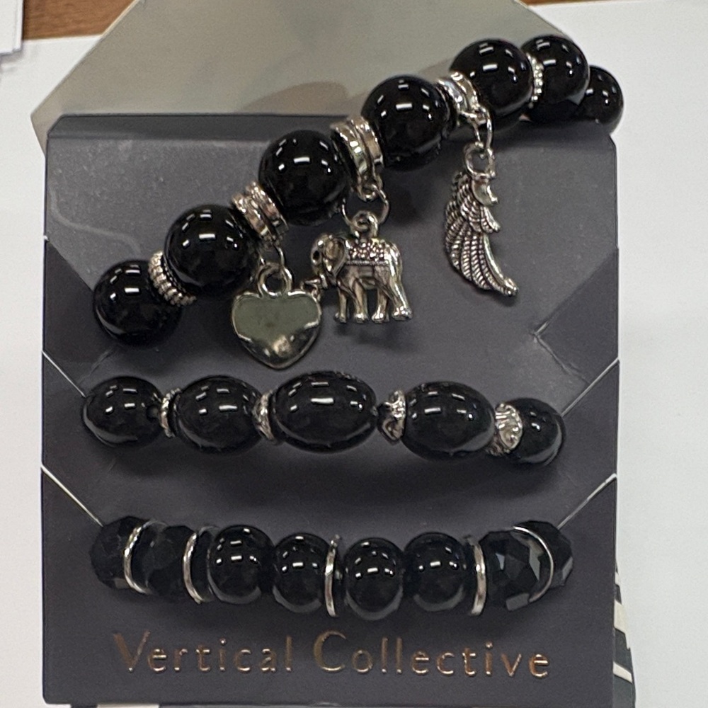 Black Beaded Charm Bracelet Set
